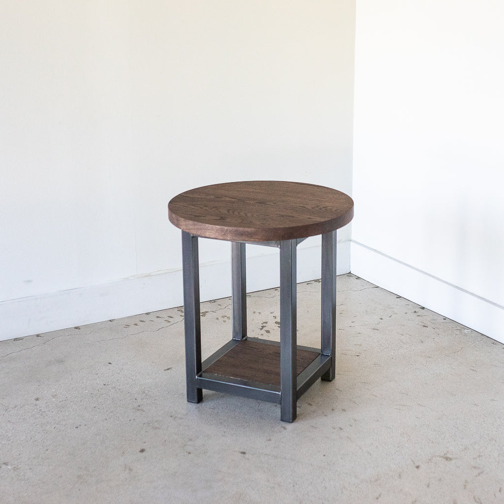 Round Wood End Table with Lower Square Shelf – What WE Make