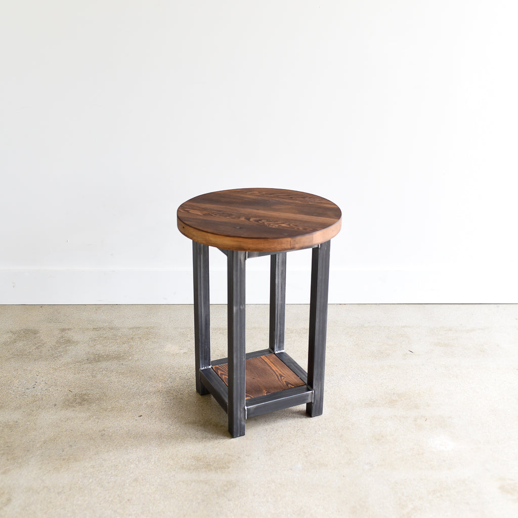 Round Wood End Table with Lower Square Shelf – What WE Make
