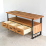 Reclaimed wood media console with 3 drawers, Pictured in Reclaimed Oak/ Clear &amp; Antiqued Metal