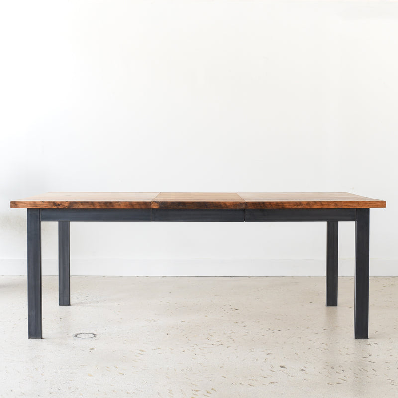 Industrial Plank Extendable Dining Table - Reclaimed Oak / Clear and Blackened Metal Base 