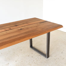 Live Edge Modern Dining Table in Reclaimed Oak / Clear &amp; Antiqued &#39;U-Shaped&#39; Legs