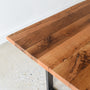 Live Edge Modern Dining  Table in Reclaimed Oak / Clear &amp; Antiqued Metal- Tabletop Detail