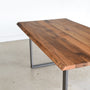Live Edge Modern Dining Table - Live Edge Detail, Pictured in Reclaimed Oak/ Clear &amp; Antiqued Metal