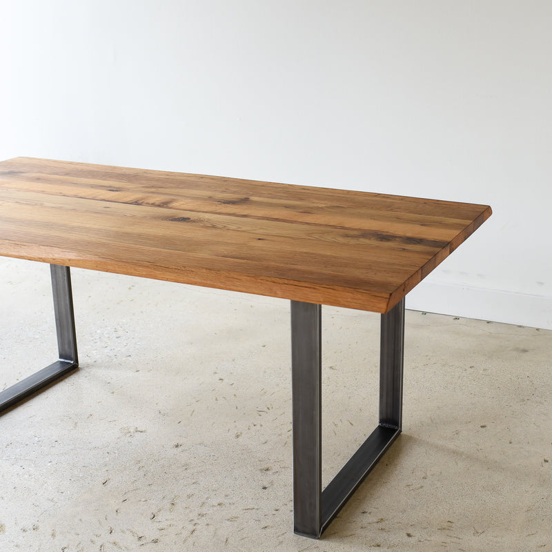Live Edge Modern Dining Table, Pictured in Reclaimed Oak/ Clear &amp; Antiqued Metal