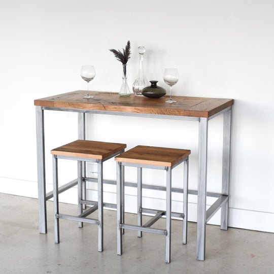 Counter Height Wood Kitchen Table Featured with our  Industrial Modern Backless Stools in Reclaimed Oak / Clear