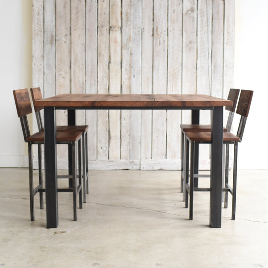 Pictured in Reclaimed Oak/ Walnut & Blackened Metal, Featured with our  Industrial steel Bar Stool  
