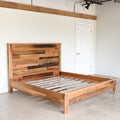 Rustic Wood Bed Frame pictured in custom patchwork design- Reclaimed Oak, Pine &amp; Walnut