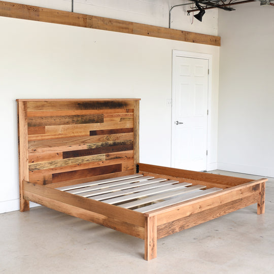 Rustic Wood Bed Frame pictured in custom patchwork design- Reclaimed Oak, Pine & Walnut