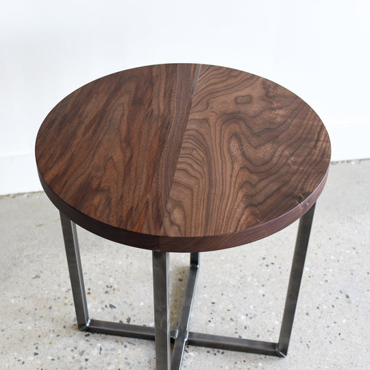 Round Walnut Accent Table / Steel Frame Pedestal