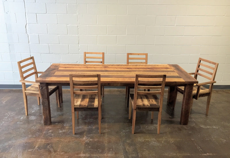 Farmhouse wood extension table in mixed wood. Featured with our  &lt;a href=&quot;https://wwmake.com/products/reclaimed-wood-dining-chairs-barnwood-dining-chairs&quot;&gt; Farmhouse Dining Chair&lt;/a&gt; 