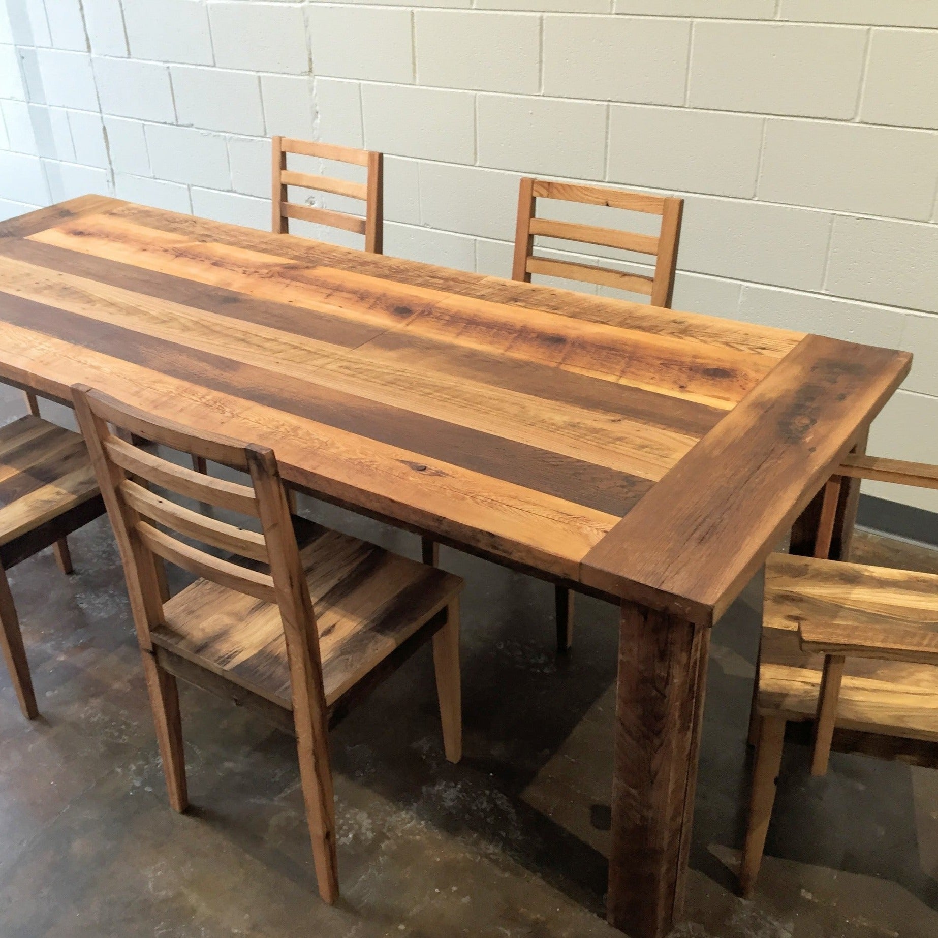 Breadboard Extendable Dining Table in Mixed Woods Featured with our Farmhouse Wood Dining Chairs in Mixed Woods. Featured with our  <a href=