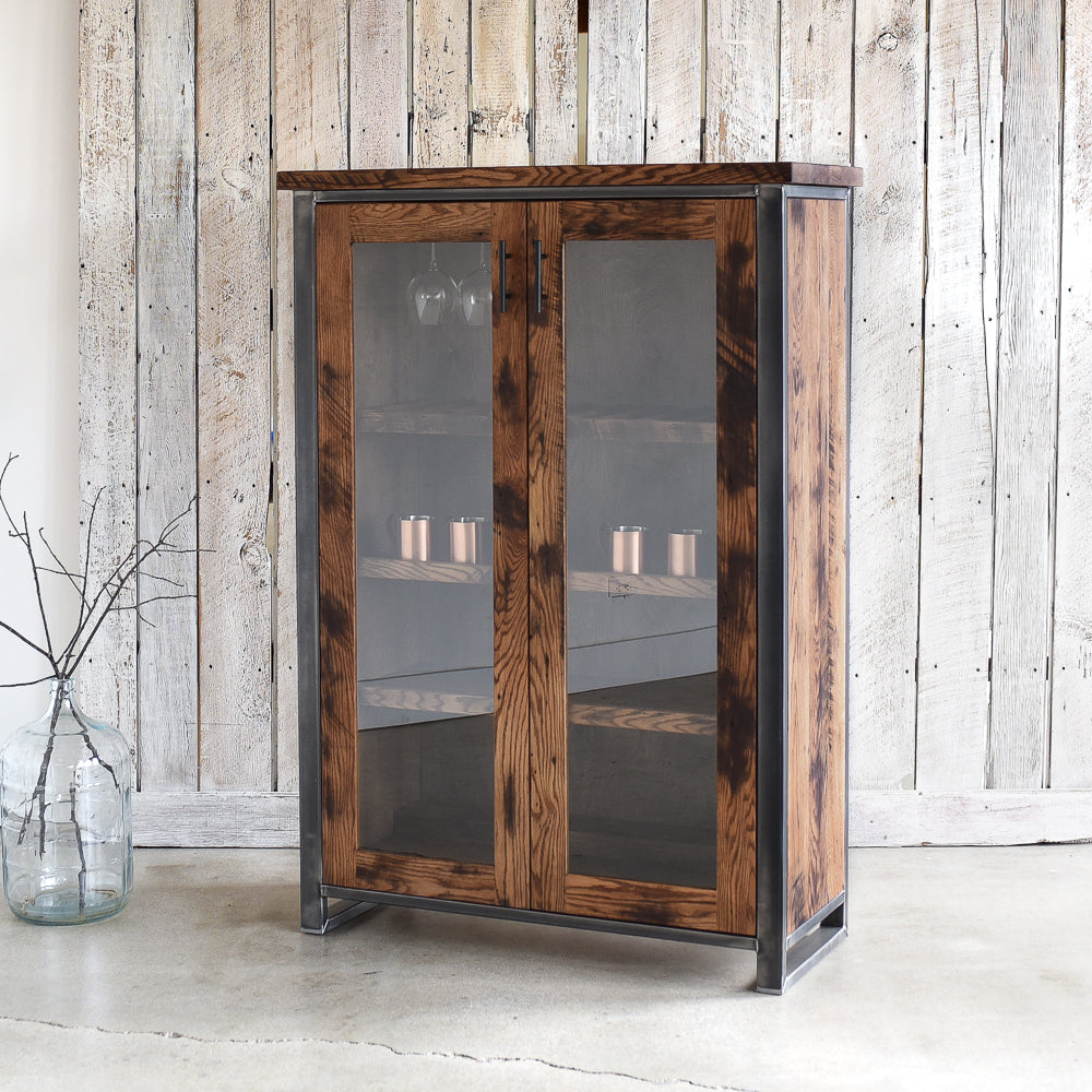 Wood & Glass Double Door Cabinet - Bar upgrade / Reclaimed Oak + Walnut Finish