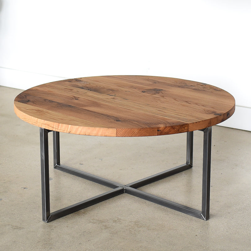 Circular wood coffee table in Reclaimed Oak / Clear &amp; Blackened Metal 