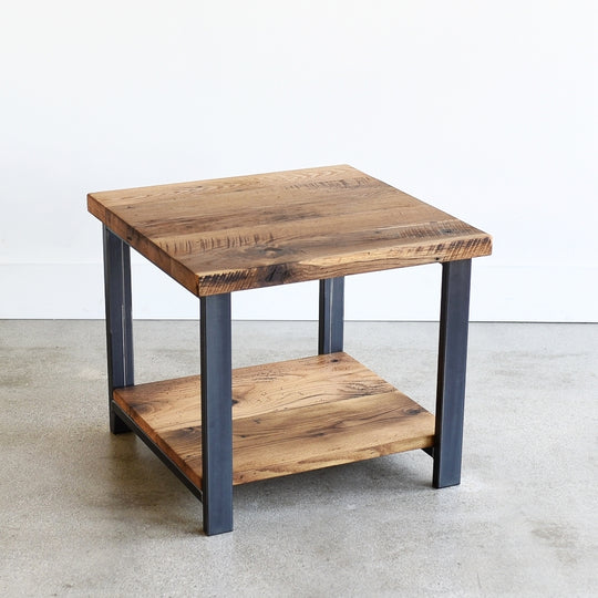 Reclaimed wood side table pictured in Reclaimed Oak / Clear & Blackened Metal Legs