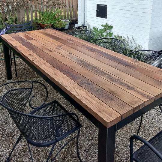 Steel Frame Outdoor Dining Table in Reclaimed Oak / Textured & Powder Coated Black Metal Legs