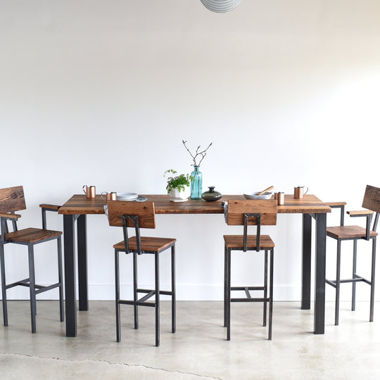 Pictured in Reclaimed Oak/ Clear & Blackened Metal, Featured with our  Industrial Modern Stool  