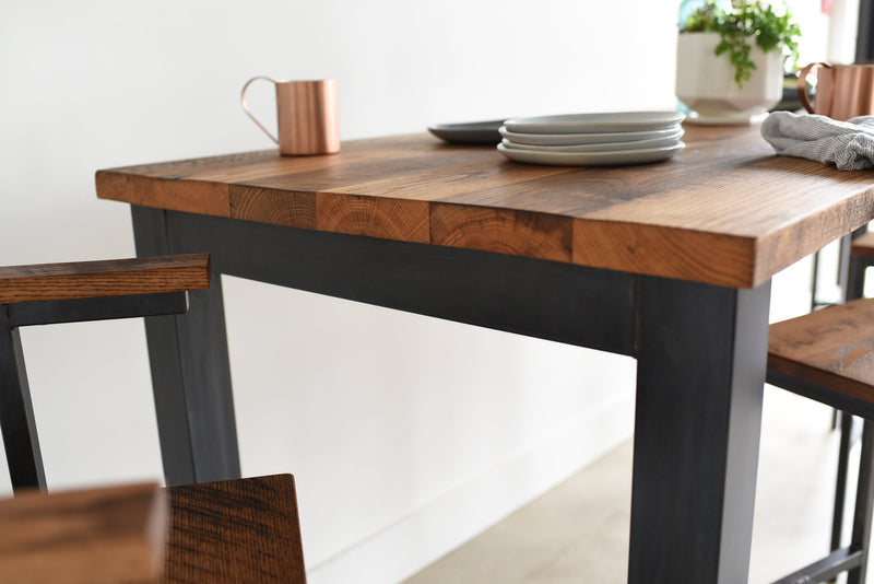 Pictured in Reclaimed Oak/ Clear &amp; Blackened Metal, Featured with our &lt;a href=&quot;https://wwmake.com/products/reclaimed-wood-bar-stools-oak&quot;&gt; Industrial Modern Stool &lt;/a&gt; 