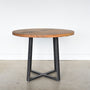  Round Criss Cross Base Dining Table in Reclaimed Oak / Clear and Blackened Metal Base