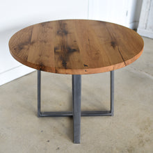 Round Criss Cross Base Dining Table in Reclaimed Oak / Clear and  &amp; Blackened Metal