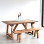 Farmhouse Trestle Dining Table Featured with our &lt;a href=&quot;/products/trestle-wood-dining-bench&quot;&gt;Trestle Wood Bench&lt;/a&gt; in Reclaimed Oak / Clear