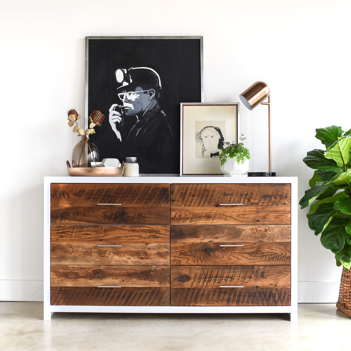 White + Wood 6-Drawer Dresser / Textured Finish