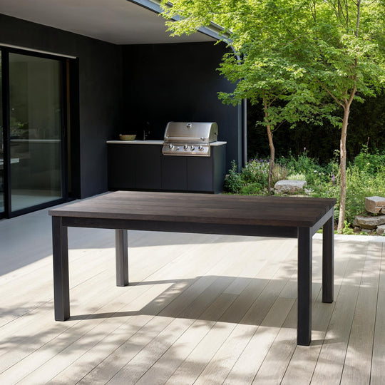 Steel Frame Outdoor Dining Table Pictured In White Oak / Black & Powder Coated Black Metal Legs