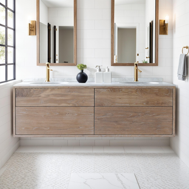 4- Drawer Floating Vanity / Double Sink Pictured in White Oak / Natural