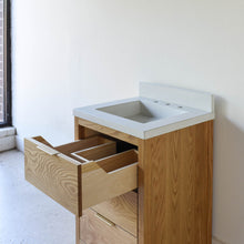 24 inch 3-Drawer Mid-Century Modern Vanity in White Oak/ Clear -  Featured with our &lt;a href=&quot;https://wwmake.com/products/60inch-integral-single-sink-vanity-top-tfc&quot;&gt; Concrete Vanity Top with integral sink &lt;/a&gt; in White