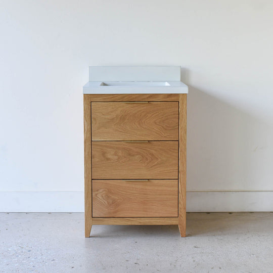 24 inch 3-Drawer Mid-Century Modern Vanity in White Oak/ Clear -  Featured with our  Concrete Vanity Top with integral sink  in White