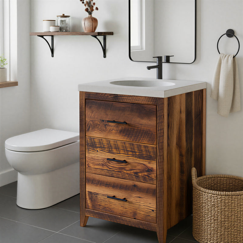 30" 3-Drawer Mid-Century Modern Vanity Pictured In Reclaimed Oak Textured Featured with our <a href="https://wwmake.com/products/60inch-integral-single-sink-vanity-top-tfc"> Concrete Vanity Top with integral sink </a> in White