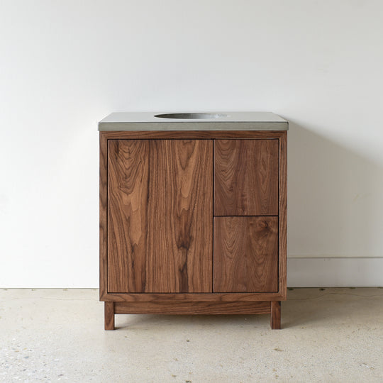 Pictured in Walnut/ Clear, Featured with our  Concrete Floating Vanity Top / Oval Undermount Sink  in Gray