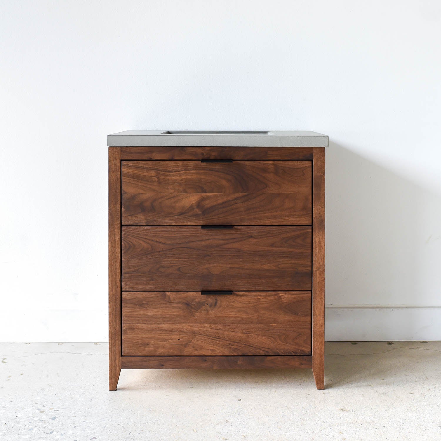 30 inch 3-Drawer Mid-Century Modern Vanity in Walnut / Clear - Featured with our <a href=