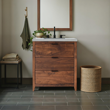 30 inch 3-Drawer Mid-Century Modern Vanity Pictured In Walnut Clear Featured with our <a href="https://wwmake.com/products/60inch-integral-single-sink-vanity-top-tfc"> Concrete Vanity Top with integral sink </a> in Natural Gray
