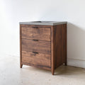 30 inch 3-Drawer Mid-Century Modern Vanity in Walnut / Clear - Featured with our &lt;a href=&quot;https://wwmake.com/products/60inch-integral-single-sink-vanity-top-tfc&quot;&gt; Concrete Vanity Top with integral sink &lt;/a&gt; in Natural Gray