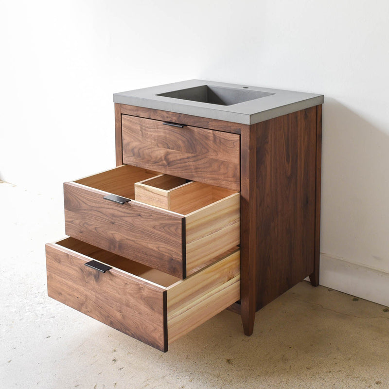 30 inch 3-Drawer Mid-Century Modern Vanity in Walnut / Clear -  Featured with our &lt;a href=&quot;https://wwmake.com/products/60inch-integral-single-sink-vanity-top-tfc&quot;&gt; Concrete Vanity Top with integral sink &lt;/a&gt; in Natural Gray