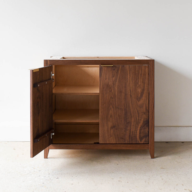 Mid-Century Modern 2-Door Single Sink Pictured in Walnut / Clear