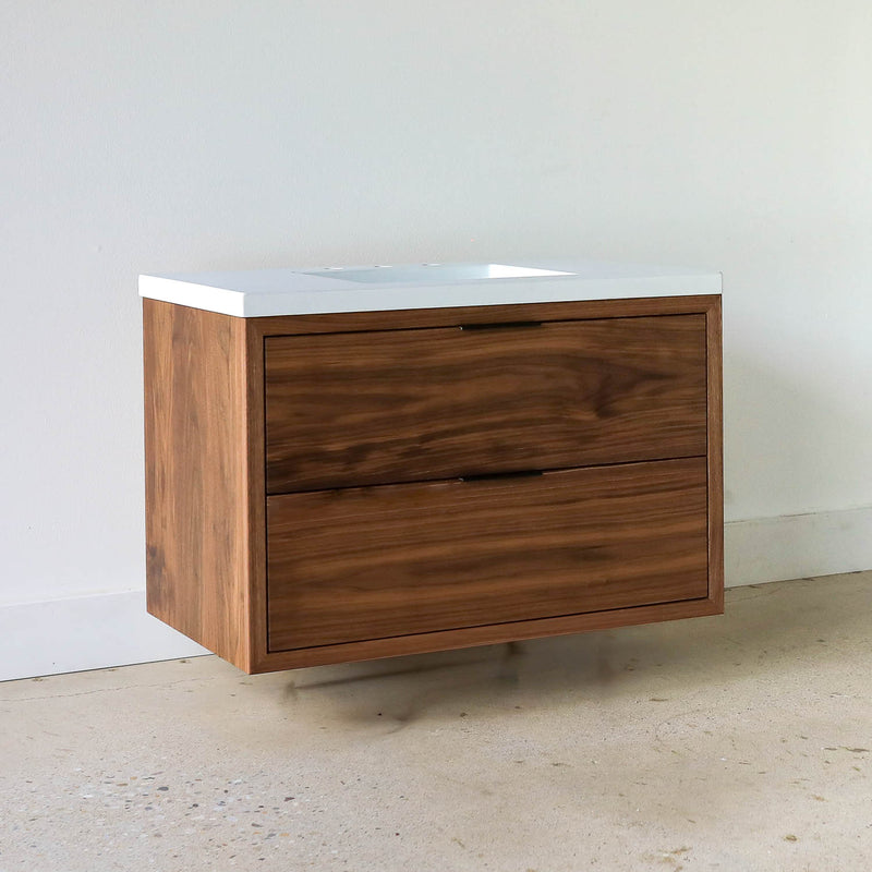 36&quot; 2-Drawer Floating Vanity / Single Sink in Walnut /  Clear - Featured with our &lt;a href=&quot;https://wwmake.com/products/60inch-integral-single-sink-vanity-top-tfc&quot;&gt; Concrete Vanity Top with integral sink &lt;/a&gt; in White