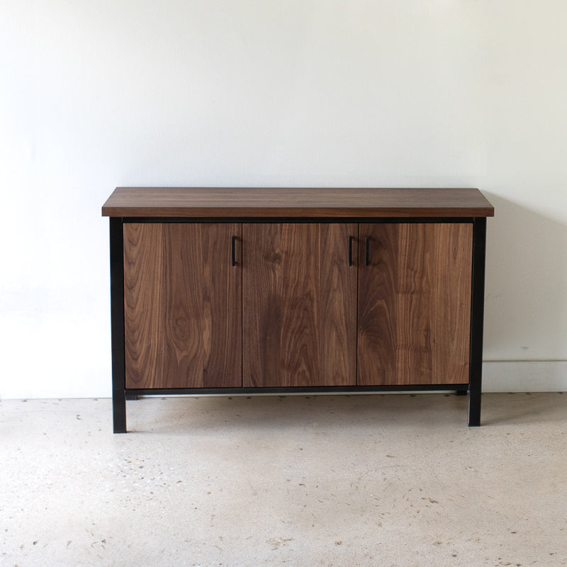 Modern Wood Storage Cabinet / 3-Door Pictured in Walnut Clear &amp; Blackened Metal