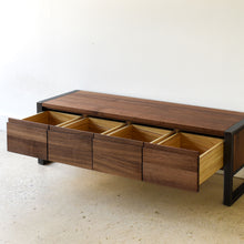 Solid Wood 4-Drawer Storage Bench  Pictured in Walnut Clear and Blackened Metal with Open Drawers