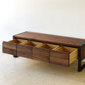 Solid Wood 4-Drawer Storage Bench  Pictured in Walnut Clear and Blackened Metal with Open Drawers