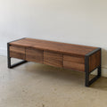 Solid Wood 4-Drawer Storage Bench Pictured in Walnut Clear and Blackened Metal