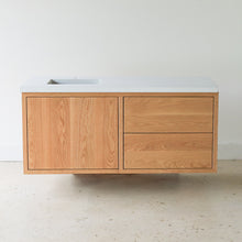 48&quot; Wood Floating Vanity / Offset Single Sink in White Oak Clear Featured with our &lt;a href=&quot;https://wwmake.com/products/60inch-integral-single-sink-vanity-top-tfc&quot;&gt; Concrete Vanity Top With Integral Sink &lt;/a&gt; in White 