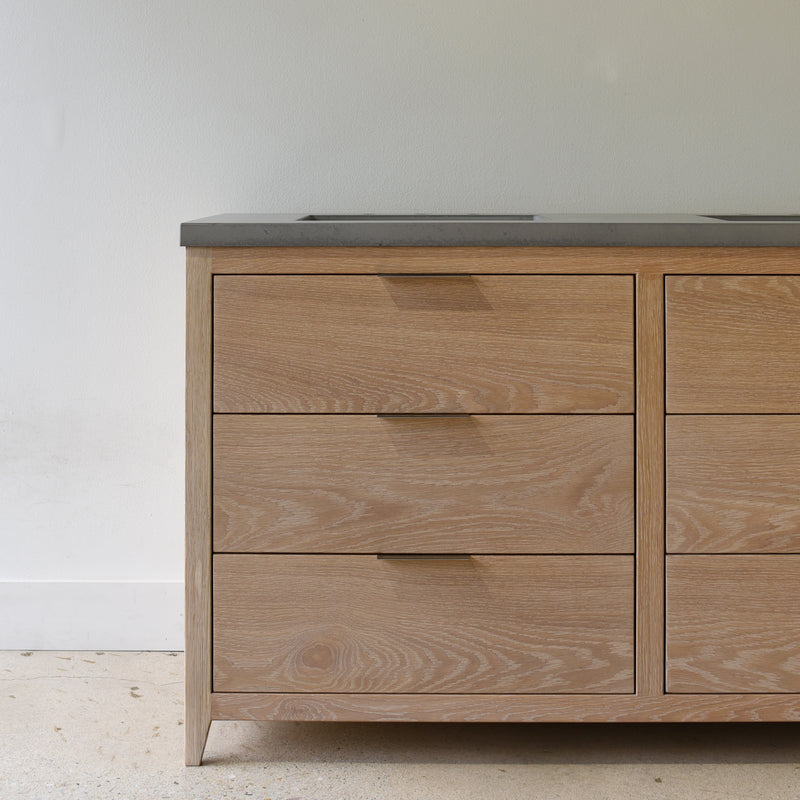 Mid Century Modern 6-Drawer Vanity / Double Sink in Solid White Oak / Natural - Featured with our &lt;a href=&quot;https://wwmake.com/products/concrete-vanity-top-double-oval-undermount-sink&quot;&gt; Concrete Vanity Top / Double Oval Undermount Sinks &lt;/a&gt; in Natural Gray