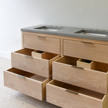 Mid Century Modern 6-Drawer Vanity / Double Sink in Solid White Oak / Natural - Featured with our &lt;a href=&quot;https://wwmake.com/products/concrete-vanity-top-double-oval-undermount-sink&quot;&gt; Concrete Vanity Top / Double Oval Undermount Sinks &lt;/a&gt; in Natural Gray