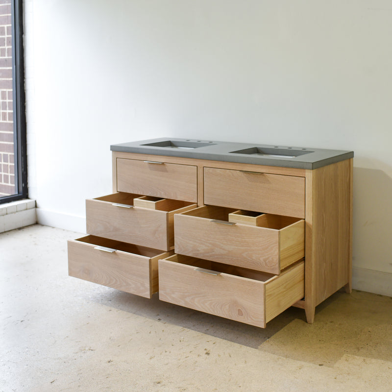 Mid Century Modern 6-Drawer Vanity / Double Sink in Solid White Oak / Natural - Featured with our &lt;a href=&quot;https://wwmake.com/products/concrete-vanity-top-double-oval-undermount-sink&quot;&gt; Concrete Vanity Top / Double Oval Undermount Sinks &lt;/a&gt; in Natural Gray