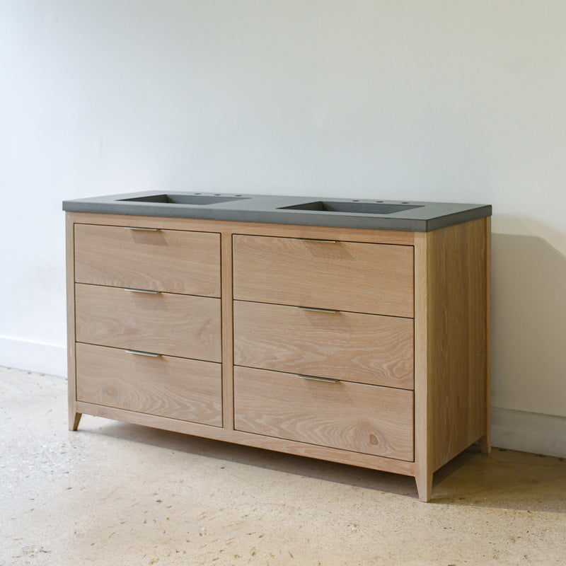 Mid Century Modern 6-Drawer Vanity / Double Sink in Solid White Oak / Natural - Featured with our &lt;a href=&quot;https://wwmake.com/products/concrete-vanity-top-double-oval-undermount-sink&quot;&gt; Concrete Vanity Top / Double Oval Undermount Sinks &lt;/a&gt; in Natural Gray