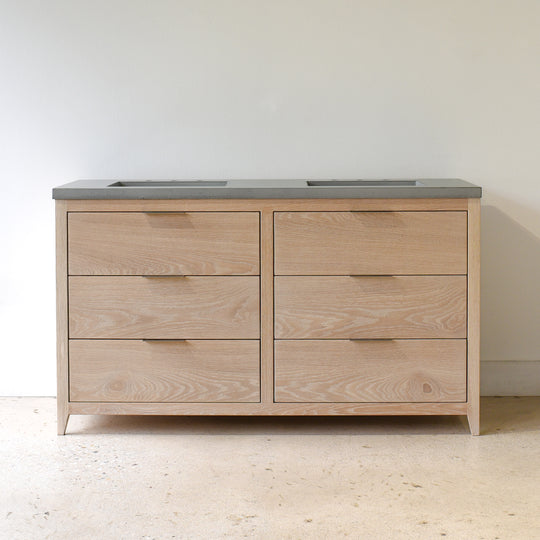 Mid Century Modern 6-Drawer Vanity / Double Sink in Solid White Oak / Natural - Featured with our  Concrete Vanity Top / Double Oval Undermount Sinks  in Natural Gray