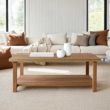 Modern Solid Wood Coffee Table With Lower Shelf Pictured in White Oak / Clear