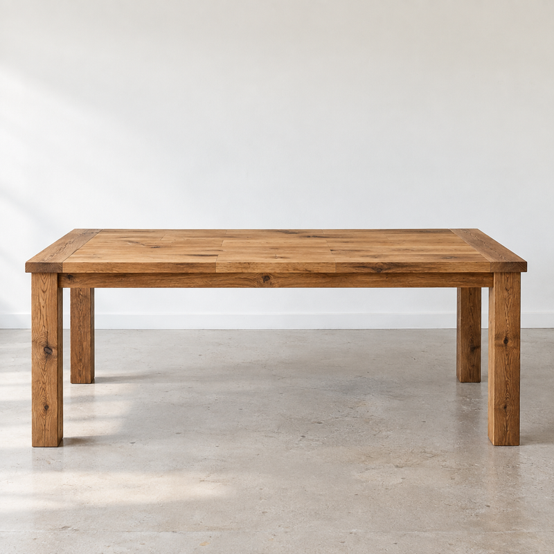 Breadboard Extendable Dining Table Pictured in Reclaimed Oak Clear.