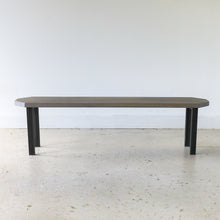 Clipped Corner Bench Pictured in White Oak Gray &amp; Blackened Metal 